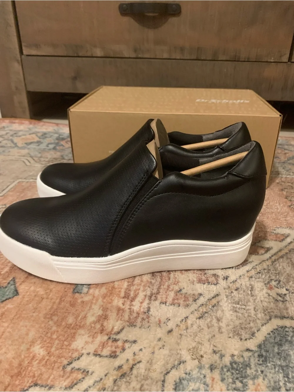 Dr. Scholl's Time Off Wedge Black Slip-On Women’s Sneaker, White Sole Size 9.5